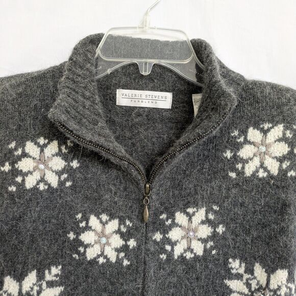 Valerie Stevens L Lambswool Angora Full Zip Cardigan Snowflake Fair Isle Holiday - Picture 4 of 16